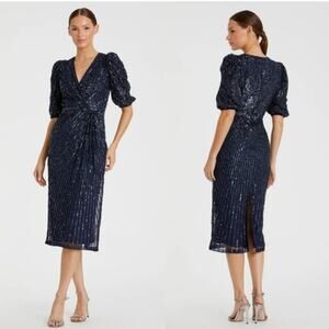 Mac Duggal 5578 Sequin V Neck Short Puff Sleeve Midi Dress Navy Blue Size 18